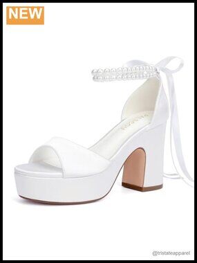 Platform Wedding Sandals Open Toe Block Heel Bridal Shoes Pearl Satin